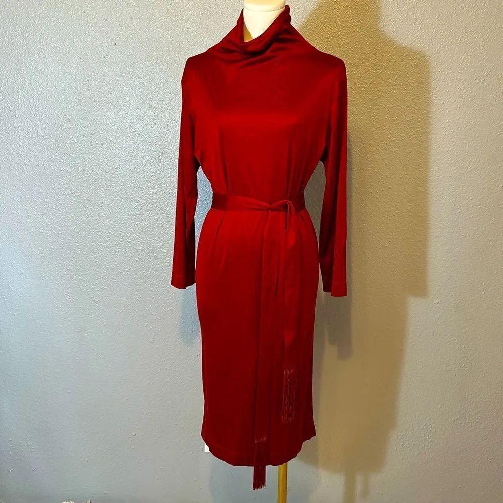 Hermes Paris red high neck long sleeve midi silk dress size 38